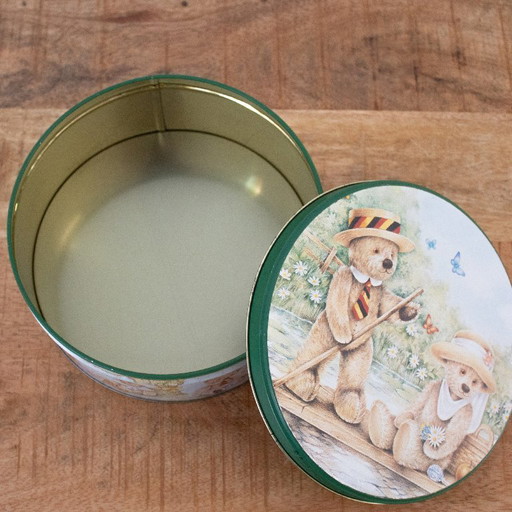 Vintage Teddy Tum Tum Keksdose: Britisches Design aus den 90er Jahren, Bärengeschirr, grün und beige