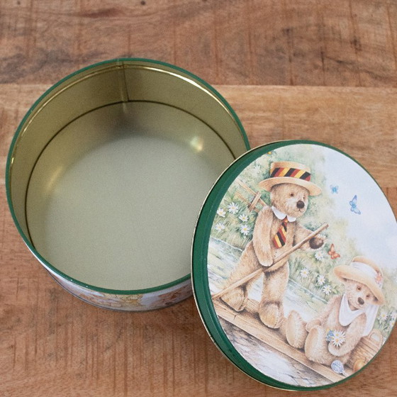 Image 1 of Vintage Teddy Tum Tum cookie tin: British design from the 90s, bear tableware, green and beige