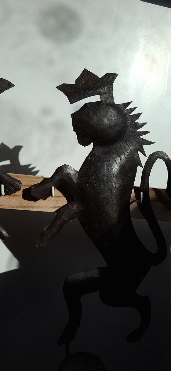 Image 1 of Set of 2 Rare Antique Wrought Iron Wall Sconces - Exclusive Antique Lions