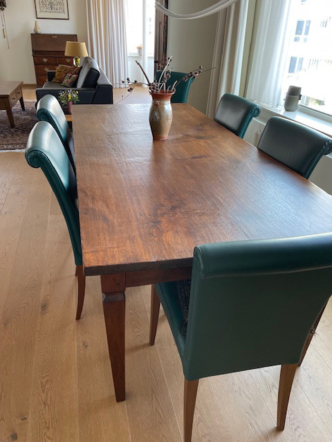 Teak Wood Dining Table With 6 Chairs in Green Leather Upholstery