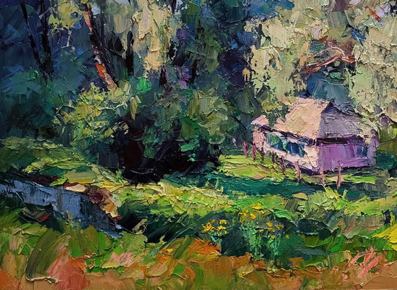 Original Oil Painting Rural Summer Landscape Village House Among Greenery – Paintings & Drawings, Canvas (photo 6 of 7)