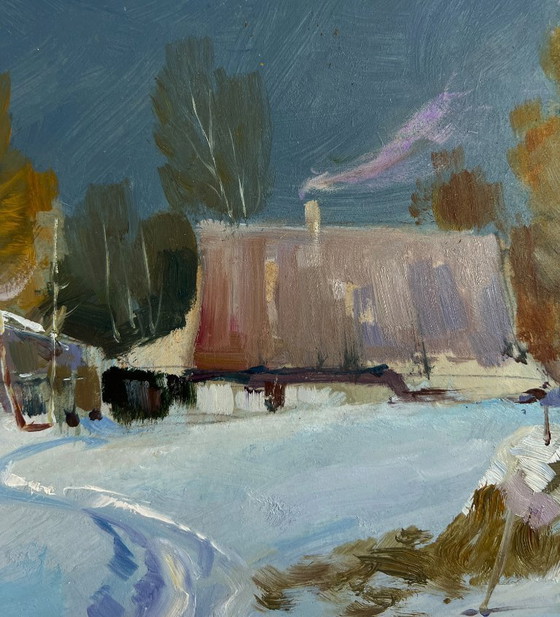 Image 1 of Origineel olieverfschilderij: Winterdorplandschap, comfort tijdens een winternacht.
