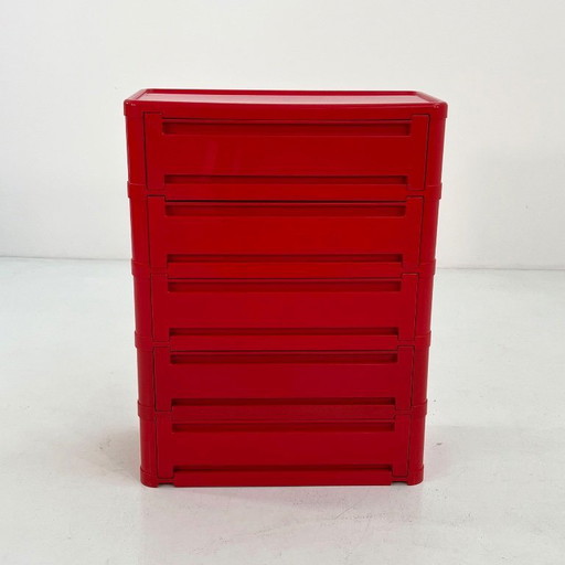 Cassettiera rossa a 5 cassetti, modello 4964, disegnata da Olaf Von Bohr per Kartell, anni '70.