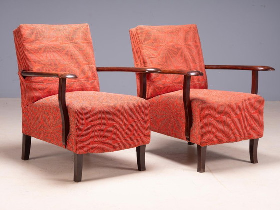 Paire de fauteuils vintage milieu du XXe siècle avec accoudoirs en bois, Tchécoslovaquie, 74 × 61 × 88 cm (photo 3 of 8)