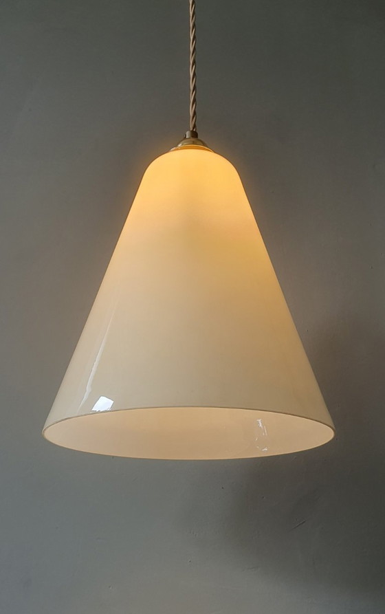Image 1 of Large Vintage Opaline Conical Pendant Lamp in Amber / Soft Yellow Art Deco Style