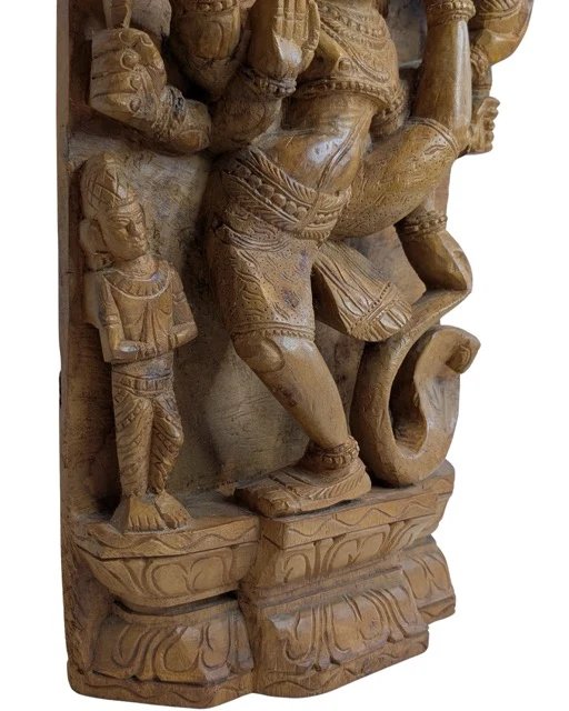 Antiek Houten Tempelreliëf van Shiva Nataraja Wanddecoratie – Zuid-India, 19e Eeuw – Beeldhouwkunst, Wood (photo 8 of 8)