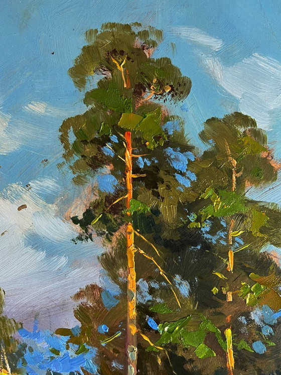 Image 1 of Peinture à l'huile originale, paysage d'été, vaches se promenant dans la nature