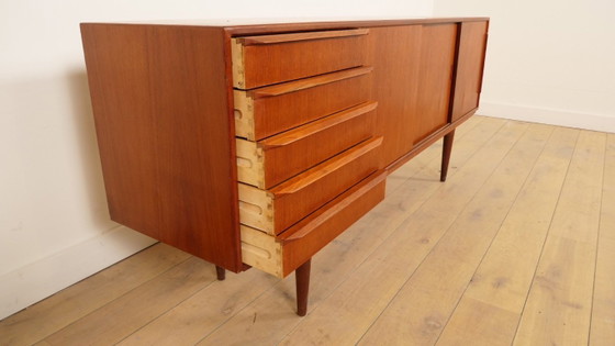 Buffet bas avec tiroirs et portes coulissantes, bois brun, Marron, Mid Century Modern (photo 10 sur 13)