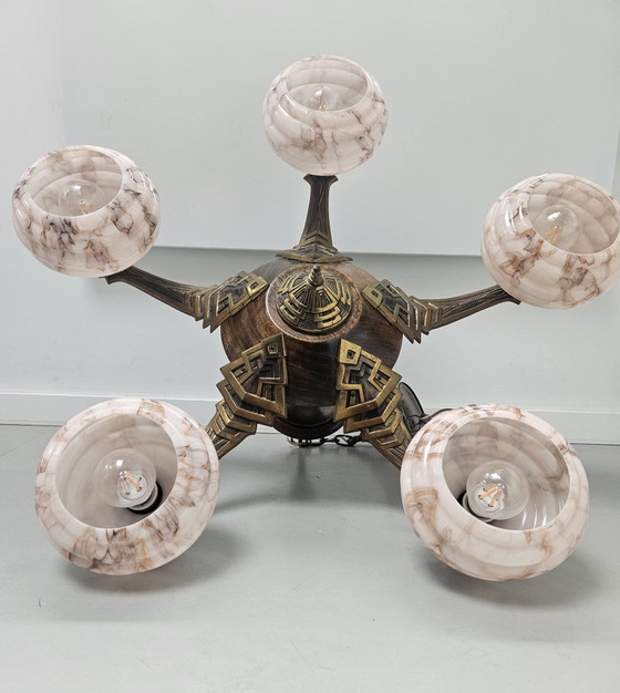 Art Deco Chandelier Hagenauer style 1920s/30s, Pendant lamps, Bronze, Glass, Pink (photo 7 of 13)
