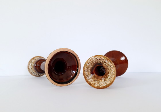 Image 1 of Set van Twee Vintage Keramische Kaarshouders, Vette Lava Kandelaar Houder, Bruine Decoratieve Verzamel Kandelaar