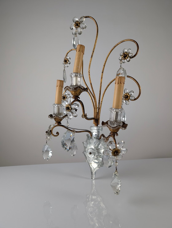 Image 1 of Großer italienischer Wandleuchter aus geschliffenem Kristall, Stil Maison Baguès, 1950er Jahre