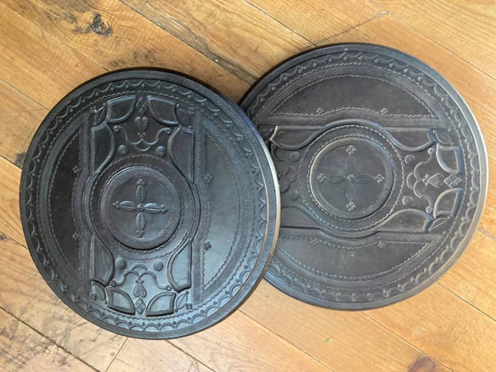 Image 1 of Two Tuareg side tables in wood and embossed leather