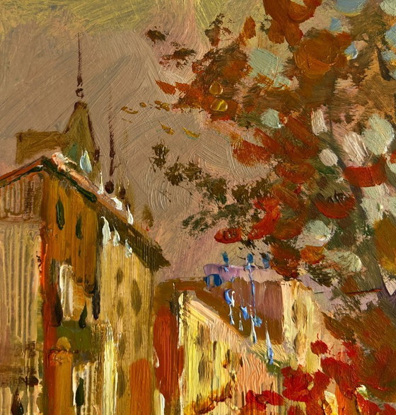 Image 1 of Original Oil Painting Evening River Landscape Autumn city park