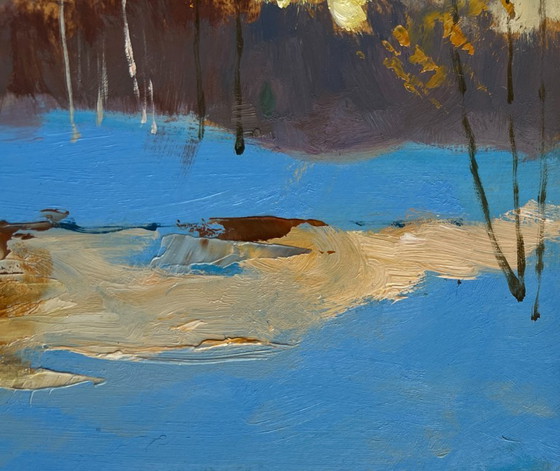 Image 1 of Original Oil Painting Evening Forest Landscape Reflection of a yellow sunset
