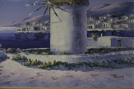 Image 1 of Dipinto ad olio originale "Mulino a vento greco in riva al mare" - Firmato da Nicolaoy - Incorniciato