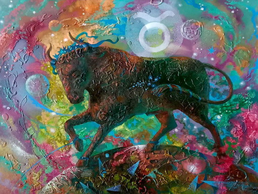 Dipinto a Olio Originale Espressionismo Astratto Astrologia Segno Zodiacale Toro