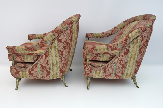 Image 1 of Paire de fauteuils français de style Art déco en laiton et tissu, années 1950
