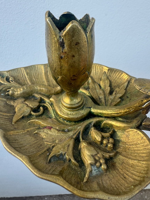 Jugendstil Bronze Lotusblatt Kerzenhalter