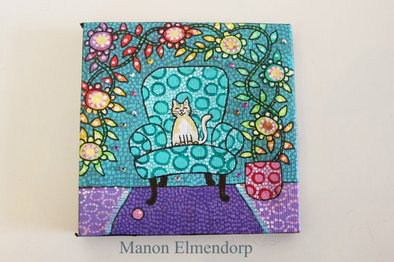 Image 1 of Hand-painted Small Painting with Little Donkey Unique Cat on Chair