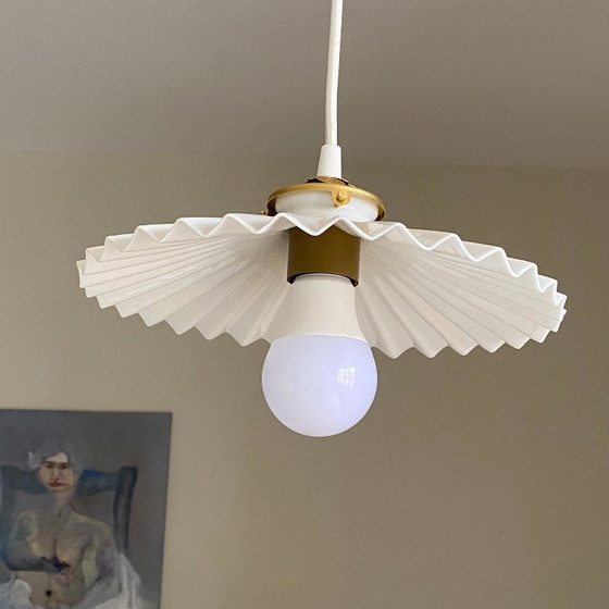 Image 1 of Antique pendant light with pleated white opaline glass shade