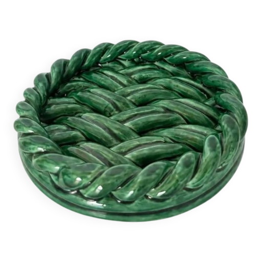 Sottopentola / Piatto in ceramica verde intrecciata - stile Vallauris (Vintage 1950)