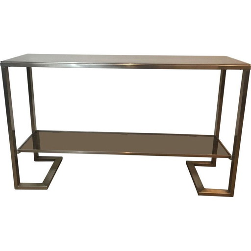 Vintage Console in Brushed Steel and Smoked Glass Trays 1970