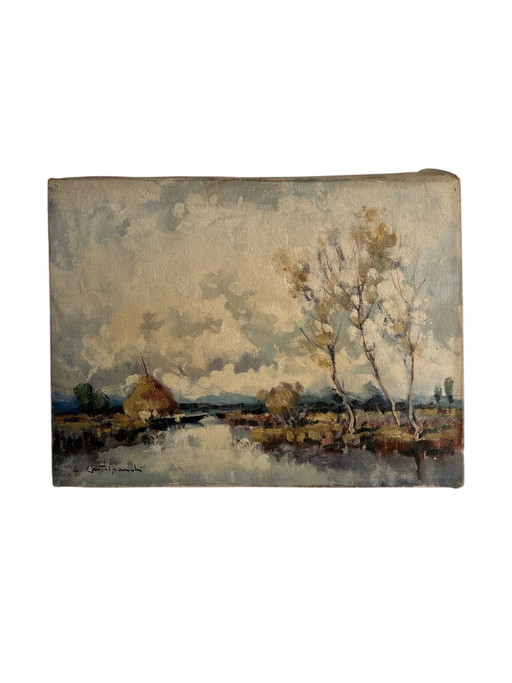Peinture à l'huile sur toile, paysage naturel par C. Castelfranchi, années 1950
