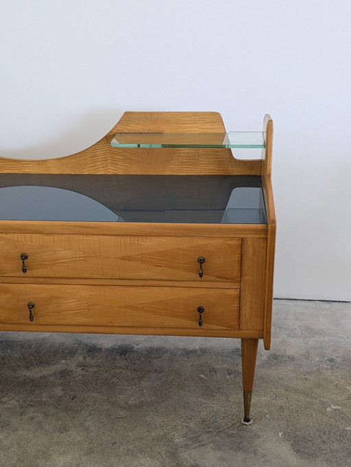Années 50 - Bois, laiton, verre - Commode et table de nuit