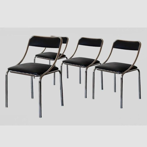 Set di 4 sedie da pranzo vintage cromate, in acciaio cromato e similpelle, Italia, 1970