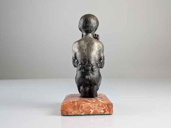 Image 1 of Junger Faun mit Panflöte, Art-Deco-Skulptur auf Marmorsockel, 1920er Jahre