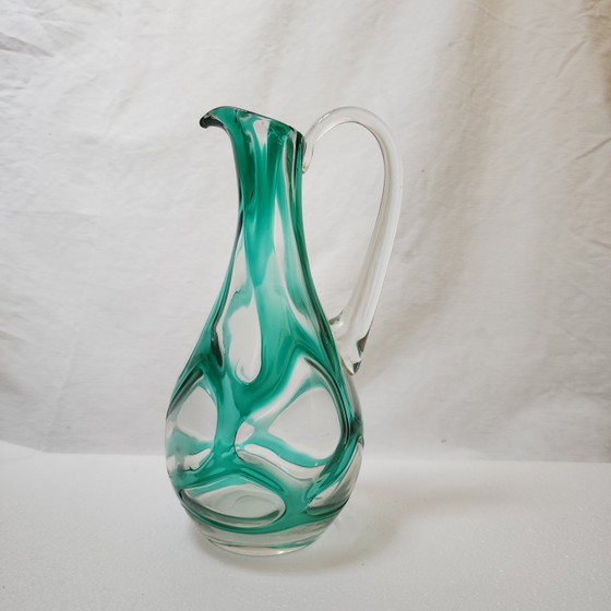 Handgeblazen kunstglazen kan uit het midden van de 20e eeuw in turquoise groen – organische, vrije vorm (photo 2 of 12)