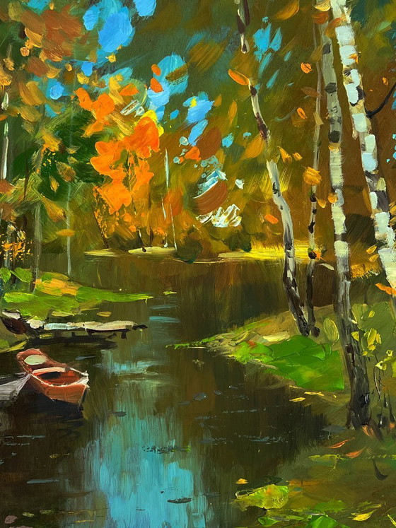 Image 1 of Peinture à l'huile originale, paysage naturel : une rivière dans la forêt d'automne
