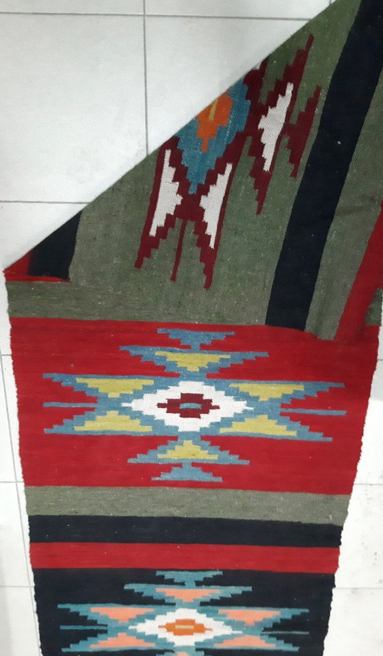Image 1 of Kilim balcánico antiguo, alfombra de pasillo, tejido de lana