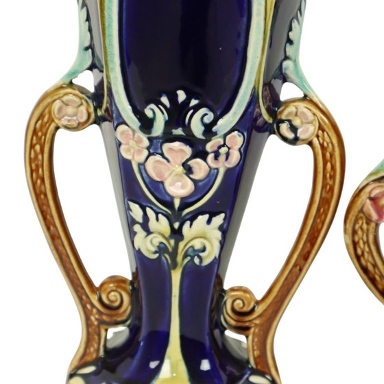 Image 1 of Art Nouveau Barbotine Majolica Vazen Jardinière Set van 3