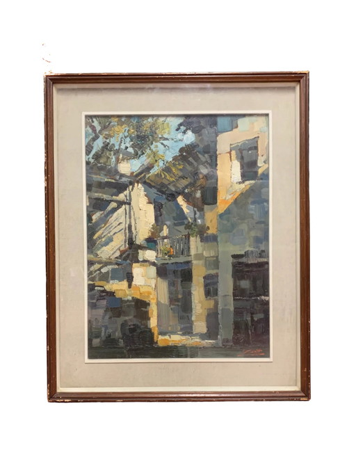 Paire de peintures à l'huile sur toile représentant Canobbio par Antonio Curti, années 1950