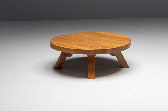 Image 1 of Brutalist Oak Round Coffee Table, France, 1950s