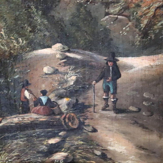 Image 1 of Paisaje con castillo, óleo sobre lienzo, firmado M.G., Italia, siglo XVIII.