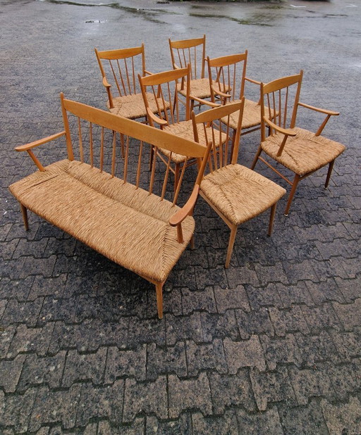 Juego de comedor de los años 50, madera de haya y caña – 6 sillas + banco, estilo Arno Lambrecht