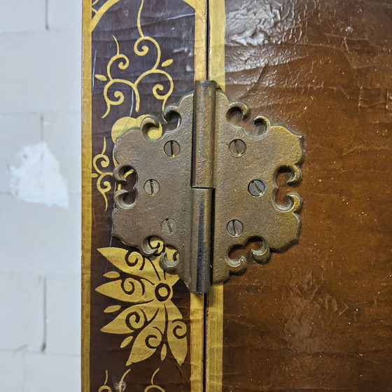 Image 1 of Vintage Chinese cabinet birds & flowers, red & gold (bohemian) Asian cabinet