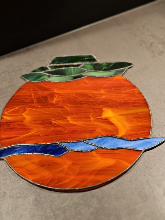 Image 1 of Art Deco lamp MCM 1960, probably bronze with Tiffany style glass shade.