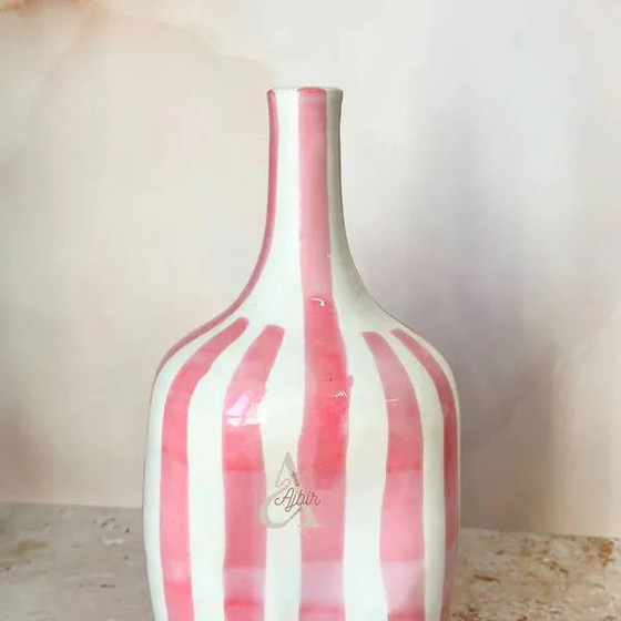 Vaso a bottiglia artigianale rosa a righe – Vasi, Porcellana, Ceramica, Scandinavian (photo 4 of 6)
