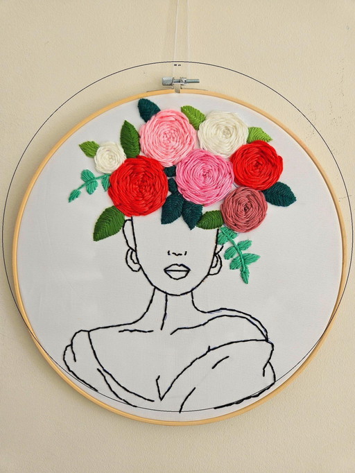 Handmade Embroidery Wall Art – Woman Silhouette with 3D Floral Hair – 30 cm