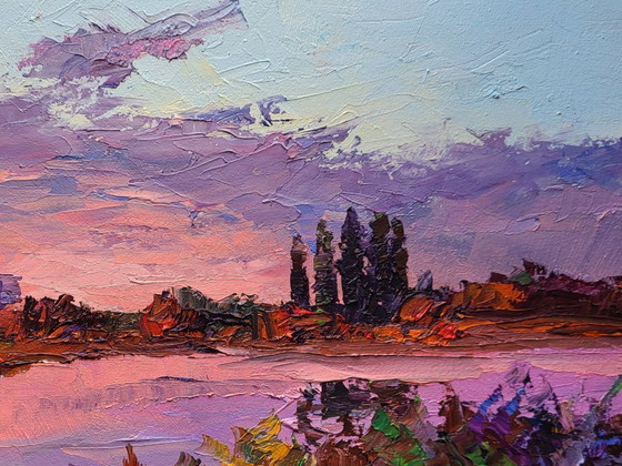 Original Oil Painting Evening City Landscape Sunset Over the River – Paintings & Drawings, Canvas (photo 5 of 7)