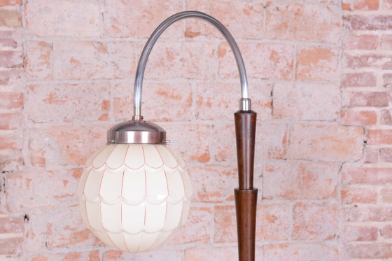 Lámpara de pie cubista restaurada, madera de haya, cromo, cristal opalino, recableada, checa, década de (photo 11 of 11)