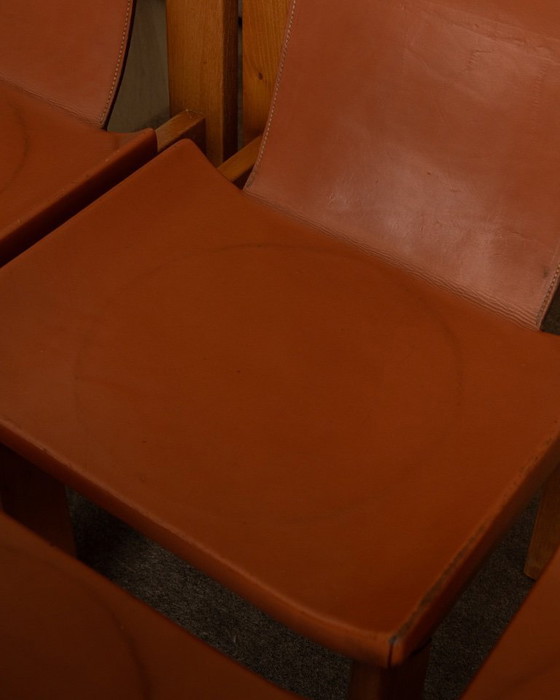 Image 1 of Brutalistische iep en lederen eetkamerstoelen van Giovanni Luigi Gorgoni voor Roche Bobois, jaren 70, set van 7