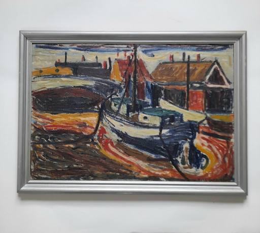 Expressionistisch schilderij van boten door Bent Kokkenberg