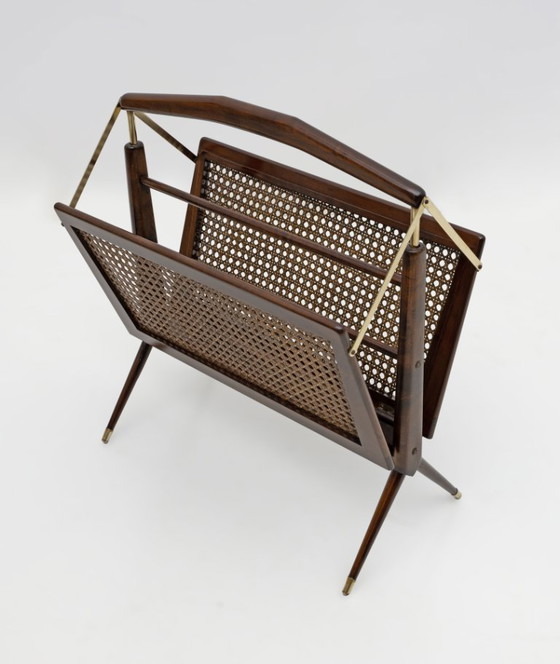 Image 1 of Cesare Lacca Mid-Century Modern Italian Wicker and Brass Magazine Rack, 1950s