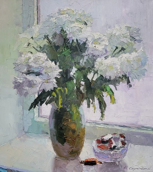 Original Oil Painting Still Life Chrysanthemums Flowers on the Window – schilderijen tekeningen, Canvas