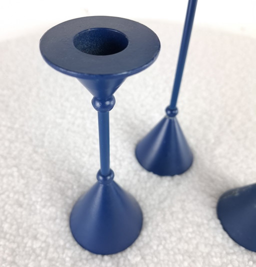 Set of 3 diabolo candlesticks Memphis Milano 1980s blue