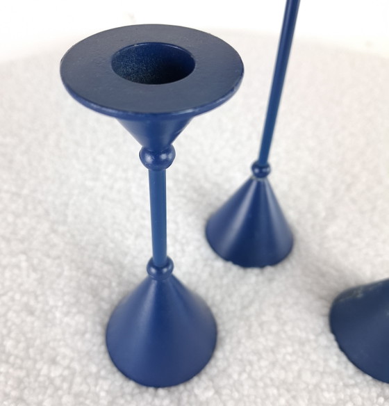 Image 1 of Set of 3 diabolo candlesticks Memphis Milano 1980s blue